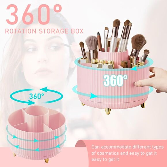 Diesisa 5 Slot Make up Brushes Pink Cup 360° Rotating Makeup Brush Holder - Picture 3 of 5